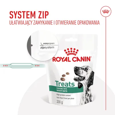 ROYAL CANIN Treats 230 g, system zip ułatwiający zamykanie i otwieranie opakowania, napis easyopen zipsystem na powiększeniu.