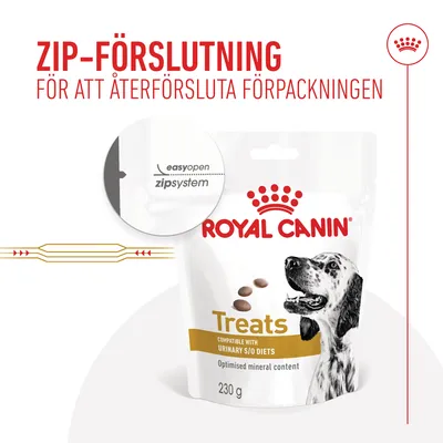 Text: ZIP-FÖRSLUTNING FÖR ATT ÅTERFÖRSLUTA FÖRPACKNINGEN. Förpackning Royal Canin Treats 230 g, easyopen zipsystem, compatible with urinary S/O diets, optimised mineral content.