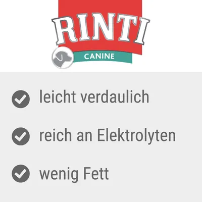 Rinti Canine. Eigenschaften: leicht verdaulich, reich an Elektrolyten, wenig Fett.