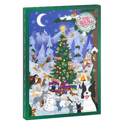 Rocco adventný kalendár pre psy s vianočným dizajnom, naplnený maškrtami za očíslovanými dvierkami.