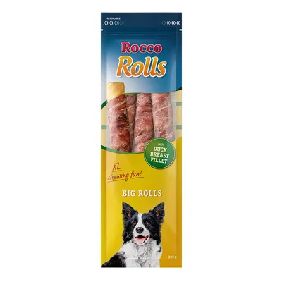 Rocco Rolls Big Rolls με φιλέτο στήθους πάπιας, XL μάσημα, 315g. Συσκευασία με σκύλο και εικόνα προϊόντος.