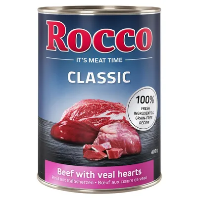 Rocco Classic blik 400g, Beef with veal hearts. 100% fresh ingredients & grain-free recipe. Rind mit Kalbsherzen, Boeuf aux cœurs de veau.