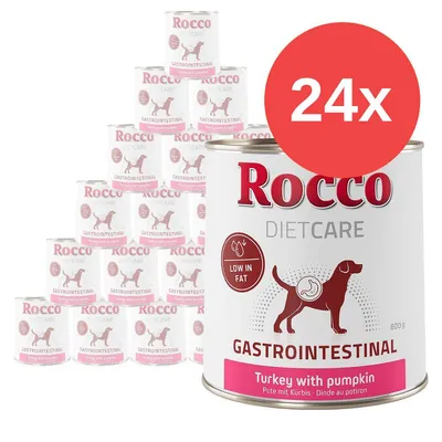24 lattine Rocco Diet Care Gastrointestinal, tacchino con zucca, 800 g. Testo visibile: Low in fat. Immagine di cane stilizzato sulla confezione.