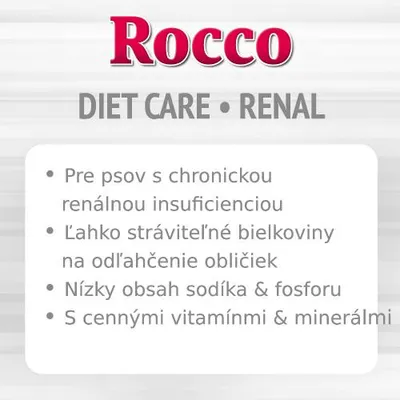 Rocco DIET CARE RENAL: pre psov s chronickou renálnou insuficienciou, ľahko stráviteľné bielkoviny, nízky obsah sodíka a fosforu, s cennými vitamínmi a minerálmi.