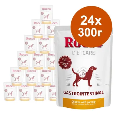 Rocco Diet Care Gastrointestinal, 24 x 300 г паучове. Видимо: ниско съдържание на мазнини, пилешко с пащърнак. Опаковка с изображение на куче.