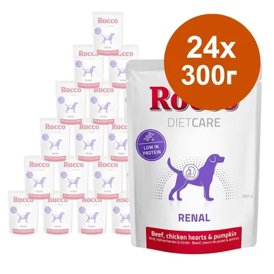 Пакетчета Rocco Diet Care Renal, 24 броя по 300 г. Видим текст: Low in protein, Beef, chicken hearts & pumpkin. Изображение на куче с надпис RENAL.