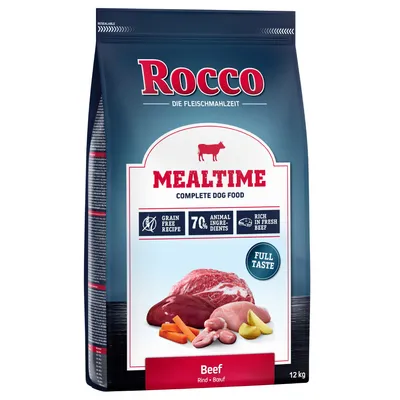 Rocco Mealtime Complete Dog Food Beef, 12 kg. Tekst: grain free recipe, 70% animal ingredients, rich in fresh beef, full taste. Afbeelding van vlees, wortel, aardappel en bonen.