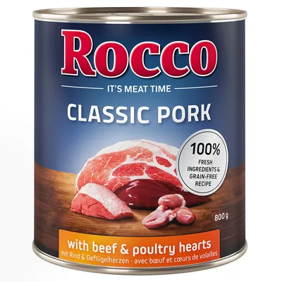 Rocco Classic Pork, 800g dåse. Med oksekød og fjerkræhjerter, 100% friske ingredienser, kornfri opskrift.