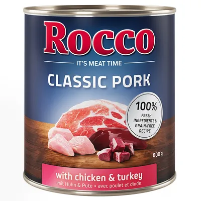 Rocco Classic Pork с курицей и индейкой, банка 800 г. 100% свежие ингредиенты, беззерновой состав.
