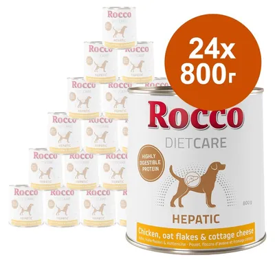 Rocco Diet Care Hepatic, 24 консерви по 800 г. Видими надписи: Highly digestible protein, Chicken, oat flakes & cottage cheese.