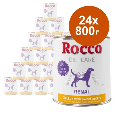 Rocco Diet Care Renal, 24 консерви по 800 г. Low in protein. Chicken with sweet potato. Изображение на куче и надпис RENAL върху опаковката.