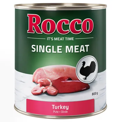 Rocco Single Meat wet food, turkey variety, 800 g can. Image of meat pieces and turkey symbol.