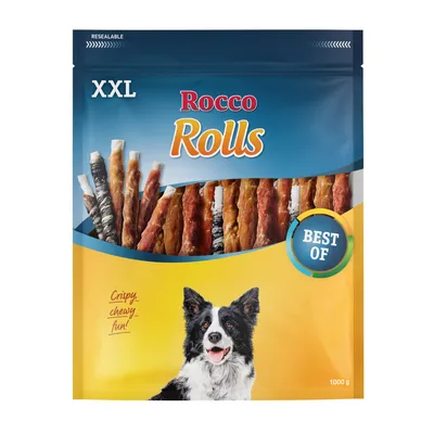 Bolsa de snacks para perros Rocco Rolls XXL, texto visible: BEST OF, Crispy. chewy. fun!, 1000 g, imagen de un perro en el envase.
