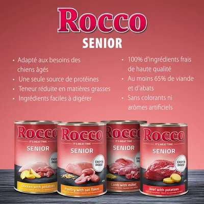 Rocco Senior – adapté aux chiens âgés, une seule source de protéines, faible en matières grasses, ingrédients faciles à digérer, 100 % ingrédients frais, sans colorants ni arômes artificiels.