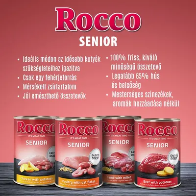 Rocco Senior konzerv kutyatáp. Főbb jellemzők: egy fehérjeforrás, mérsékelt zsírtartalom, jól emészthető összetevők, legalább 65% hús és belsőség, mesterséges adalékok nélkül.