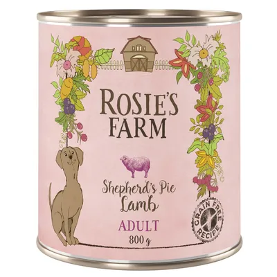 Rosie's Farm Shepherd's Pie jagnięcina, dla dorosłych, 800 g, bez zbóż. Ilustracja z psem, kwiatami i gospodarstwem na różowym tle.