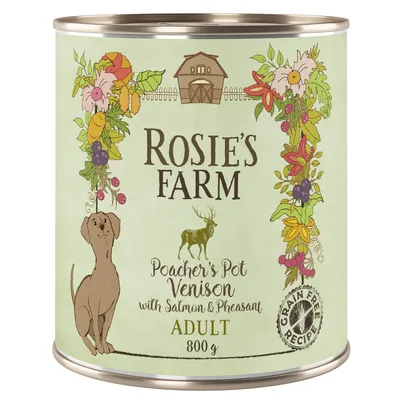 Rosie's Farm Poacher's Pot Venison z łososiem i bażantem, Adult, 800 g, bez zbóż. Ilustracja z psem, jeleniem i kwiatami na zielonym tle.