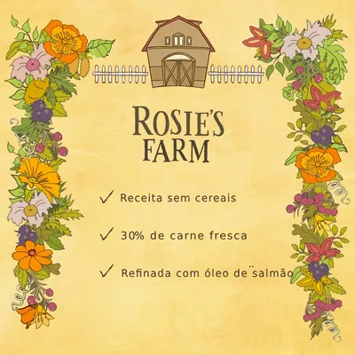 Rosie's Farm. Receita sem cereais, 30% de carne fresca, refinada com óleo de salmão.