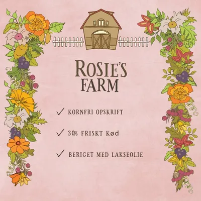ROSIE'S FARM, Kornfri opskrift, 30% friskt kød, Beriget med lakseolie. Tekst på engelsk og dansk synlig på billedet.