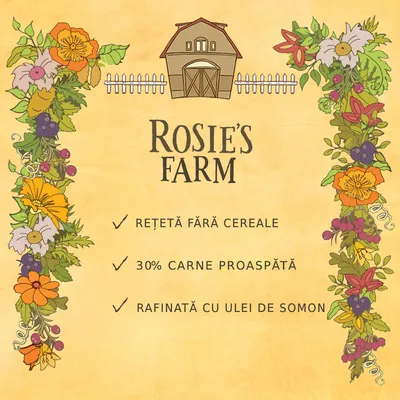 Rosie's Farm. Rețetă fără cereale, 30% carne proaspătă, rafinată cu ulei de somon.