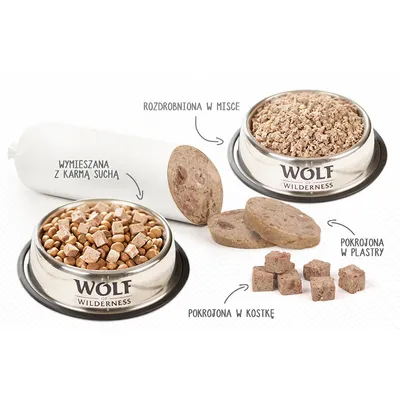 Wolf of Wilderness – przykłady podania: rozdrobniona w misce, wymieszana z karmą suchą, pokrojona w plastry, pokrojona w kostkę. Widoczne miski i kawałki karmy.