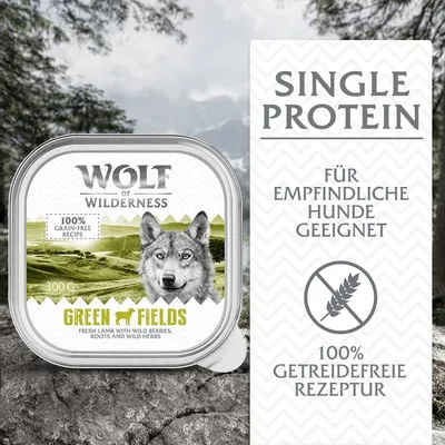 Wolf of Wilderness Green Fields, 300g. Single Protein, für empfindliche Hunde geeignet, 100% getreidefreie Rezeptur.