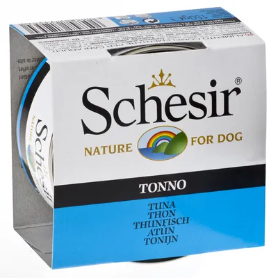 Schesir Nature for Dog, tonnikala. Pakkaus monikielisellä merkinnällä: Tuna, Thon, Thunfisch, Atún, Tonijn.