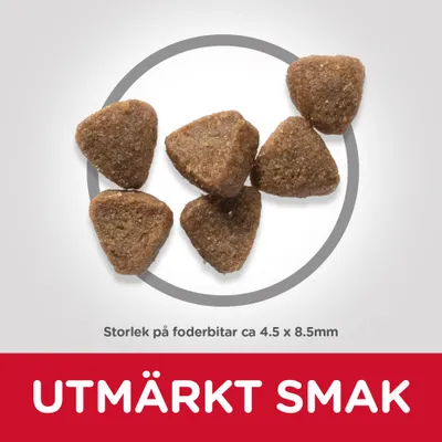 Sex trekantiga foderbitar. Text: Storlek på foderbitar ca 4,5 x 8,5 mm. UTOMRÄKT SMAK.