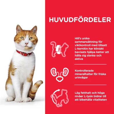 HUVUDFÖRDELAR: Hill’s unika sammansättning för viktkontroll, kontrollerade mineralhalter för friska urinvägar, låg fetthalt och höga nivåer L-lysin för vitalitet. Text på svenska.