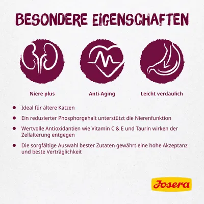 Texte en allemand : Niere plus, Anti-Aging, Leicht verdaulich. Liste de caractéristiques pour chats âgés. Marque Josera visible.