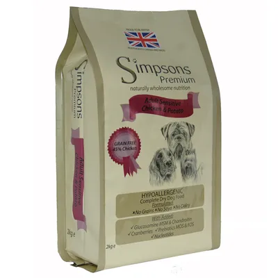 Simpsons Premium Adult Sensitive Chicken & Potato, hypoallergenisk tørfoder til hunde. Uden korn, soja, mejeriprodukter. Med glucosamin, tranebær, præbiotika MOS & FOS, nukleotider.