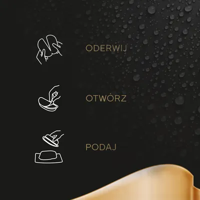 Instrukcja: oderwij, otwórz, podaj. Trzy ilustracje pokazujące kolejne kroki przygotowania produktu.