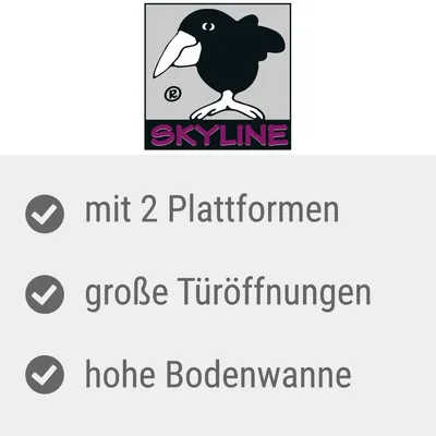 Skyline Logo. Eigenschaften: mit 2 Plattformen, grosse Türöffnungen, hohe Bodenwanne.