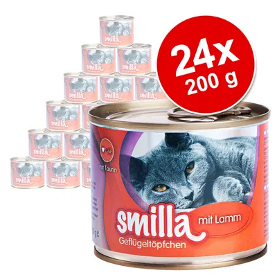 Smilla Geflügeltöpfchen s janjetinom, 24x 200g konzervi, s taurinom. Na slici proizvoda prikazana je siva mačka na pakiranju.