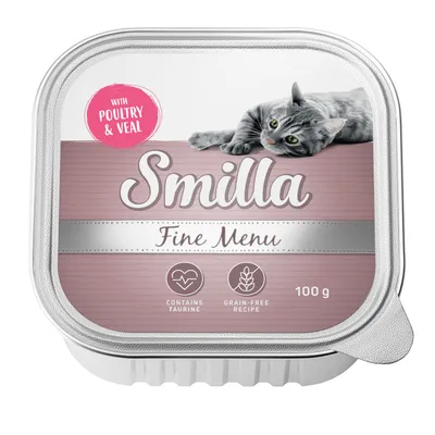 Smilla Fine Menu с птицей и телятиной, содержит таурин, беззерновой рецепт, 100 г. На упаковке изображена серая кошка.