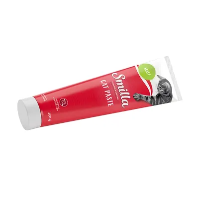 Smilla Cat Paste with malt, red tube, 200g. Supports hairball prevention. Image shows a cat on the packaging.