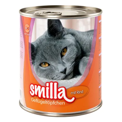 Burk med texten smilla Geflügeltöpfchen mit Rind, bild på grå katt, märkning 'mit Taurin' synlig på etiketten.