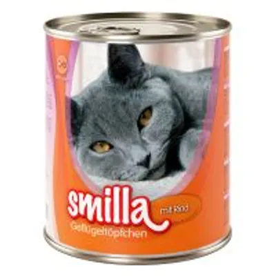 Lattina di cibo per gatti con immagine di un gatto grigio, marchio smilla, testo visibile: 'smilla mit rind Geflügelköpfchen'.