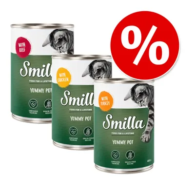 Smilla Yummy Pot kissanruokapurkit: with beef, with chicken, with turkey. Sisältää tauriinia, viljaton resepti. 400 g. Punainen prosenttimerkki alennukselle. Smilla Yummy Pot kissanruokapurkit: with beef, with chicken, with turkey. Sisältää tauriinia, viljaton resepti. 400 g. Punainen prosenttimerkki alennukselle.