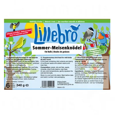 Lillebro Sommer-Meisenknödel, 6 kusů, 540 g. Doplněk krmiva pro volně žijící ptáky. Složení: obiloviny, oleje a tuky, semena, minerální látky, sušené ovoce (rozinky, šípky).