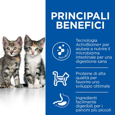 PRINCIPALI BENEFICI: Tecnologia ActivBiome+ per il microbioma intestinale, proteine di alta qualità per lo sviluppo, ingredienti facilmente digeribili per i piccoli. Testo in italiano.