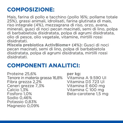 Composizione: mais, pollo 16%, pollame 25%, grassi animali, riso integrale, semi di lino, vitamine. Componenti analitici: proteine 25,6%, grassi 16,8%, fibre 2,2%, calcio 1,3%.