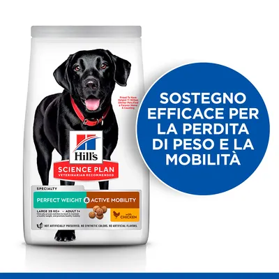 Hill's Science Plan Perfect Weight & Active Mobility con pollo per cani adulti taglia grande, sostegno efficace per la perdita di peso e la mobilità. Specialty. Large 25 kg+ Adult 1+.