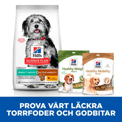 Hill's Science Plan Perfect Weight & Active Mobility torrfoder samt Healthy Weight Treats och Healthy Mobility Treats. Text: Prova vårt läckra torrfoder och godbitar.