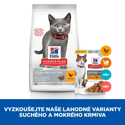 Hill's Science Plan Sterilised Kitten s kuřecím, balení suchého a mokrého krmiva pro kočky. Text: VYZKOUŠEJTE NAŠE LAHODNÉ VARIANTY SUCHÉHO A MOKRÉHO KRMIVA.