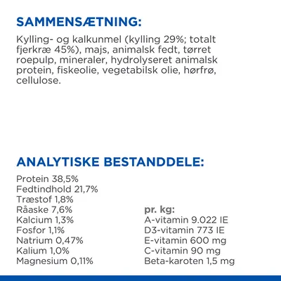 Sammensætning: kylling- og kalkunmel, majs, animalsk fedt, roepulp, mineraler, fiskeolie m.m. Analytiske bestanddele: protein 38,5 %, fedt 21,7 %, vitaminer og mineraler pr. kg angivet.