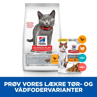 Hill's Science Plan Sterilised Kitten tørfoder med kylling og Sterilised Cat vådfoder med kylling, kalkun og fisk. Tekst: Prøv vores lækre tør- og vådfodervarianter.