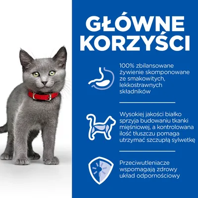 Główne korzyści: 100% zbilansowane żywienie, wysokiej jakości białko wspiera mięśnie i szczupłą sylwetkę, przeciwutleniacze wspomagają zdrowy układ odpornościowy. Tekst po polsku.