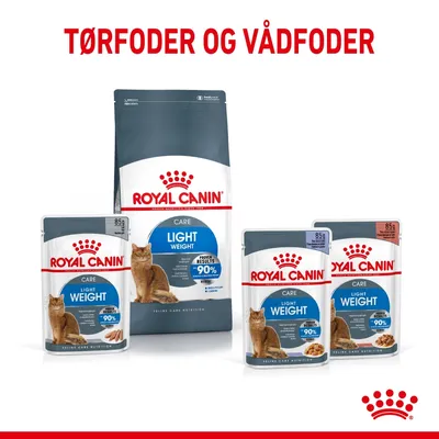 Royal Canin Care Light Weight tørfoder og vådfoder til kat, synlige poser og pakker med tekst: 'Proven results -90%'. TØRFODER OG VÅDFODER står øverst i billedet.