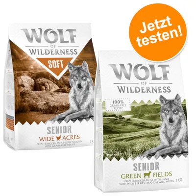 Wolf of Wilderness Senior Hundefutter, Sorten Wide Acres mit Huhn und Green Fields mit Lamm, 100% getreidefreie Rezeptur. Jetzt testen!